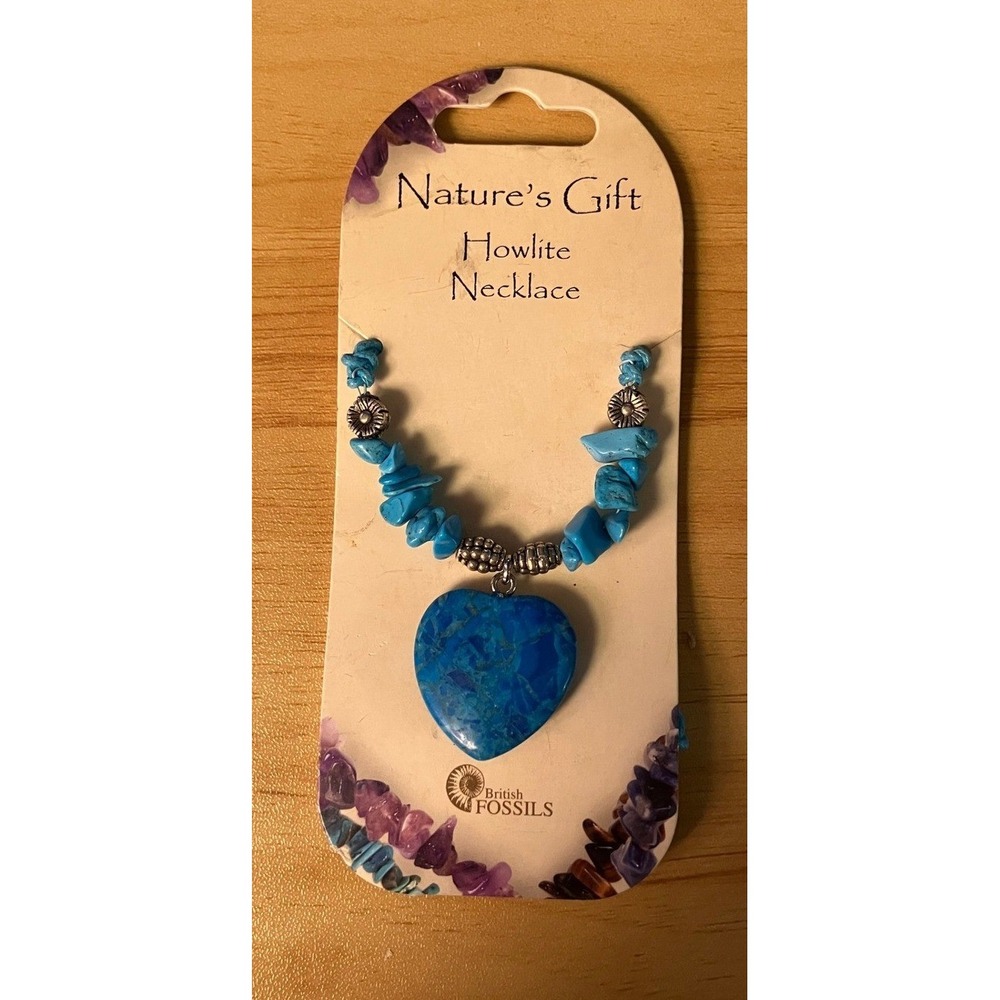 British Fossils Natures Gift Howlite Necklace Blue Heart Pendant Dyed Turquoise